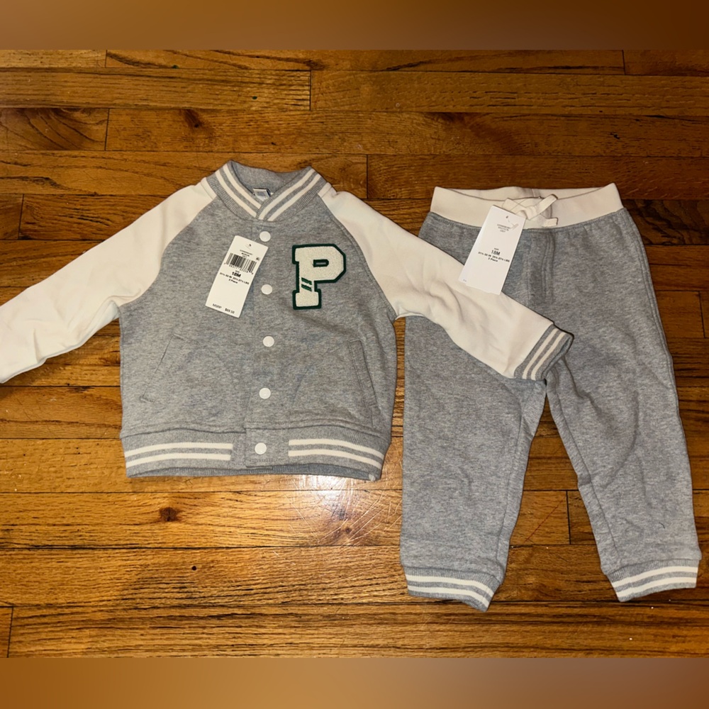 Ralph Lauren Gray and White Kids' Varsity Jacket and jogger set